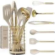7-Piece Beige & Gold Kitchen Utensils Set   Non-Toxic Silicone & Stainless Steel Tools for Cooking, Serving, Hosting