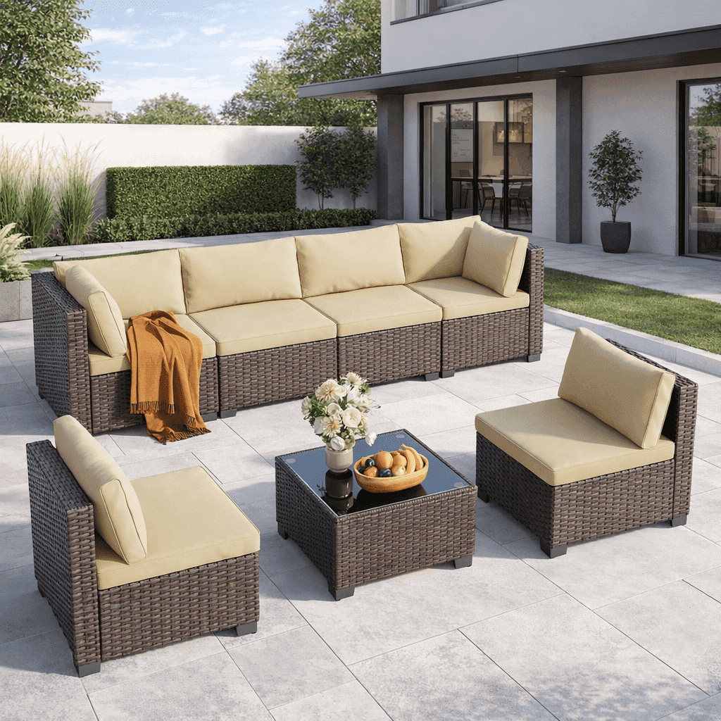7-Piece Beige Outdoor Wicker Sectional Furniture Kit – PE Rattan Patio Set with Cushioned Seats & Glass Coffee Table, Perfect for Porch, Garden and Balcony