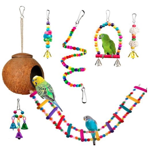 7-Piece Bird Swing Chewing Toy Set for Cage, Budgie Cage Toys, Bird Cage Accessories, Hammock Swing Hanging Accessories for Cockatiels, Conures, Lovebirds, Hummingbird, Finches