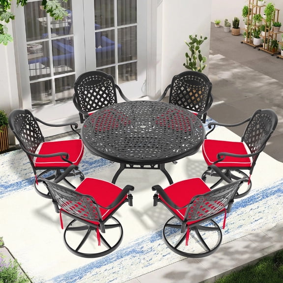7-Piece Black Aluminum Set - 360-Degree Swivel Chairs & High Capacity Table - Garden & Outdoor Dining - Weather & Water Resistant Comfort