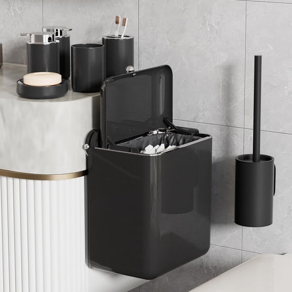7-Piece Black Bathroom Set with Suction Wall Trash Can - Space Saving Organizer Kit with Toilet Brush, Liquid & Foam Soap Dispenser, Toothbrush Holder, Cup, Soap Dish for Bathroom Kitchen
