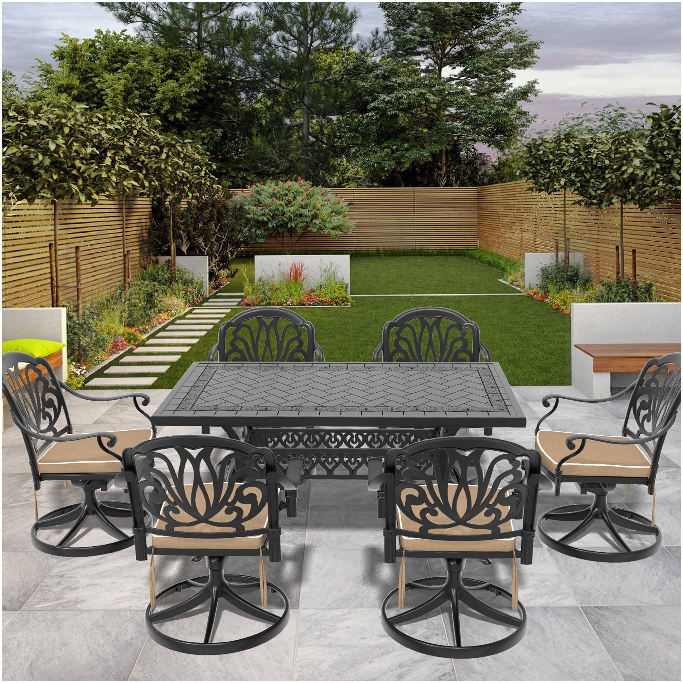 7-Piece Black Cast Aluminum Outdoor Dining Set with Swivel Chairs and ...