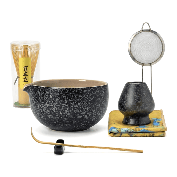 Wuxiuli 7 Piece Ceramic Bowl Matcha Whisk Set, 18oz Black Tea Bowl with Bamboo Whisk and Sifter, Complete Tea Ceremony Kit