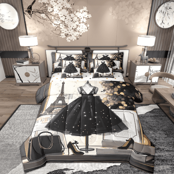7 Piece Black Dress Bed in a Bag Twin Size Modern Fashion Comforter Set Eiffel Tower Paris Themed Bed Set Fashion Woman Dress Sheet Set Black High Heels Romantic Makeup Decor Fitted Sheet
