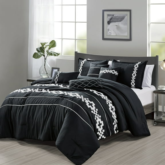 7-Piece Black and White Comforter Set with Embroidered Geometric Accents – Soft Microfiber Bedding with Shams & Decorative Pillows - All Season Bed in a Bag, OEKO-TEX Certified (Myisha, King)