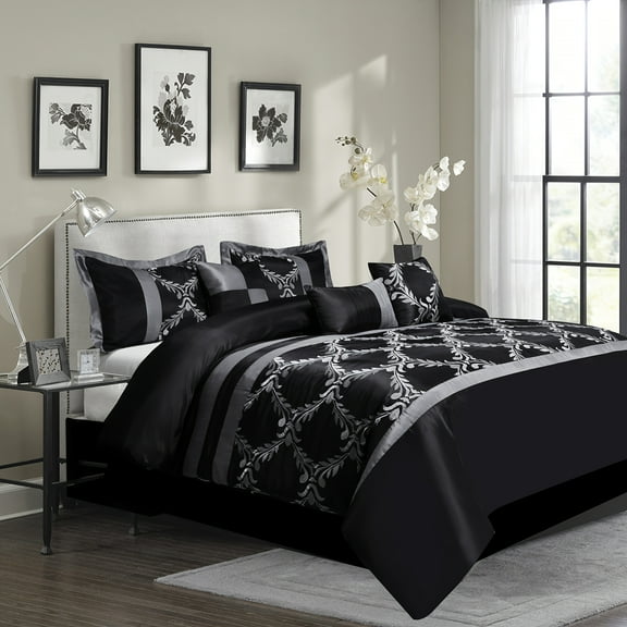 7-Piece Black and Silver Embroidered Comforter Set, Faux Silk Bedding with Decorative Pillows and Bedskirt, King