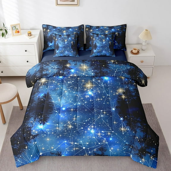 7 Piece Blue Constellation Comforter Set Twin Size,Galaxy Starry Sky Stars Bedding Set Teens Adults,Woodland Forest Pine Tree Bed Set with Fitted Sheet,Flat Sheet,Pillowcases