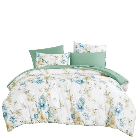 7-Piece Blue & Green Floral Print Bed in a Bag Set, All-in-One Bedding Collection with Comforter & Sheet Set,Full