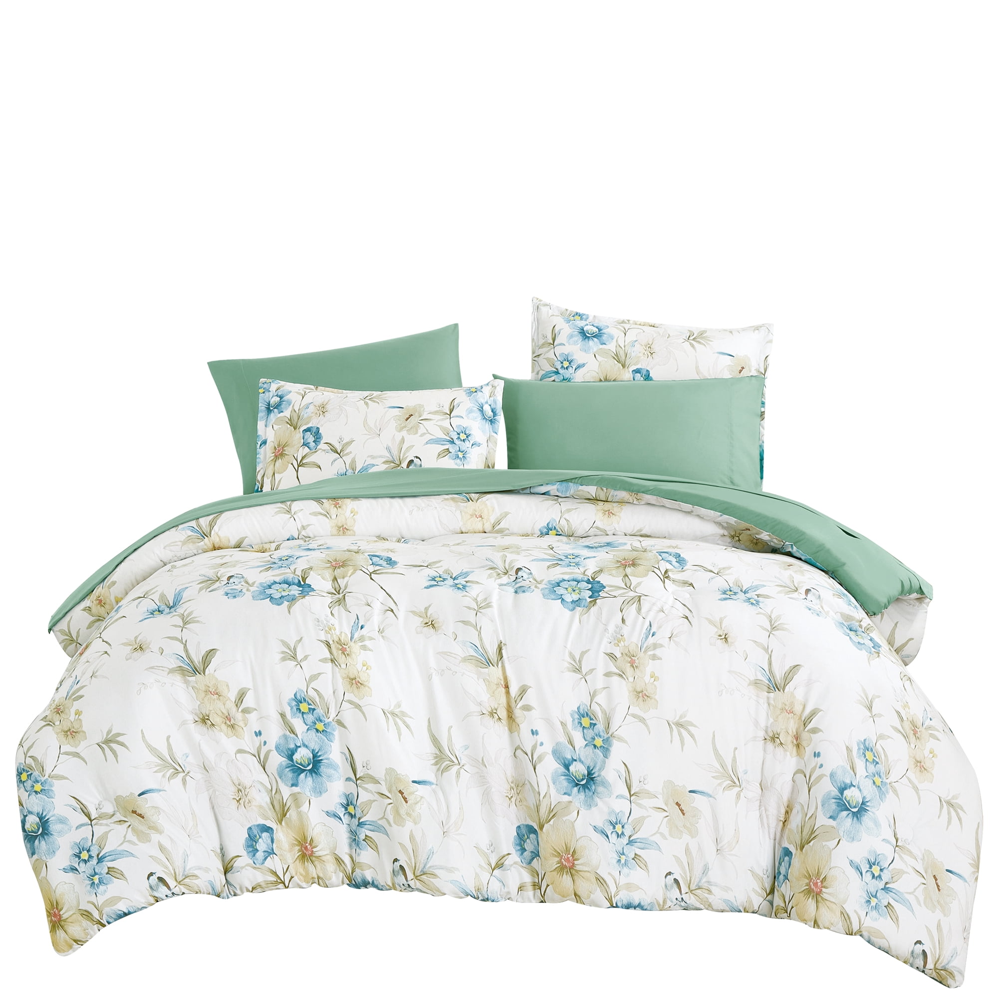 7-Piece Blue & Green Floral Print Bed in a Bag Set, All-in-One Bedding Collection with Comforter & Sheet Set,Twin XL
