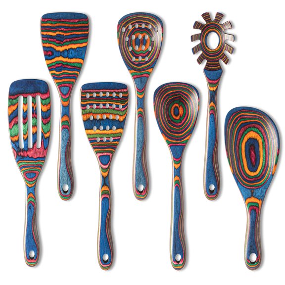 7-Piece Blue Pakkawood Kitchen Utensil Set for Cooking