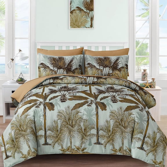 7-Piece Blue Palm Tree Printed Bedding Set, Reversible Microfiber Coastal Style All-Season King Size Bed Complete Kit