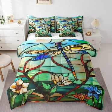 7 Piece Boho Dragonfly Twin Comforter Set Exotic Flowers Bedding Set Women,Rustic Lotus Floral Bed In A Bag Glass Style Art Bed Set With Comforter And Sheets Green Blue