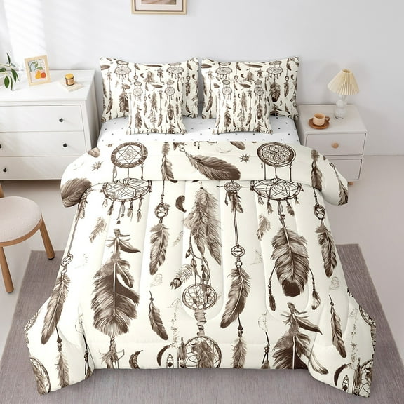 7 Piece Boho Dream Catcher Bedding Set King Comforter Set,Vintage Exotic Dreamcatcher Bed in a Bag,Bohemian Feather Flat Fitted Sheet,Tribal Style Bedding Comforter Sets