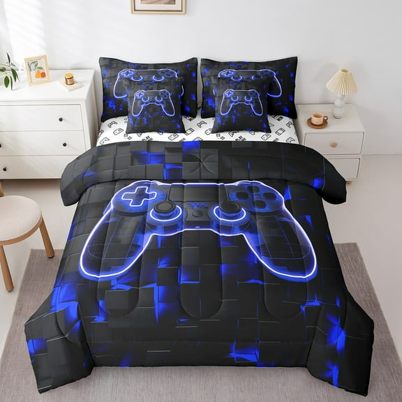 7 Piece Boys Gaming Bed in a Bag Gamer Bed Set, Blue Geometry Honeycomb Print Bedding Set With Comforter Gamepad Controller Decor Fitted Sheet Modern Abstract Plaid Cushiom Covers