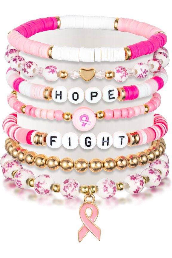 7-Piece Breast Cancer Awareness Bracelet Set Pink Ribbon Flower Vintage Ceramic Jewelry Gift