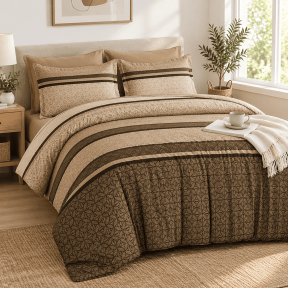 7 Piece Brown Striped Queen Size Bed-in-a-Bag Microfiber Bedding Set