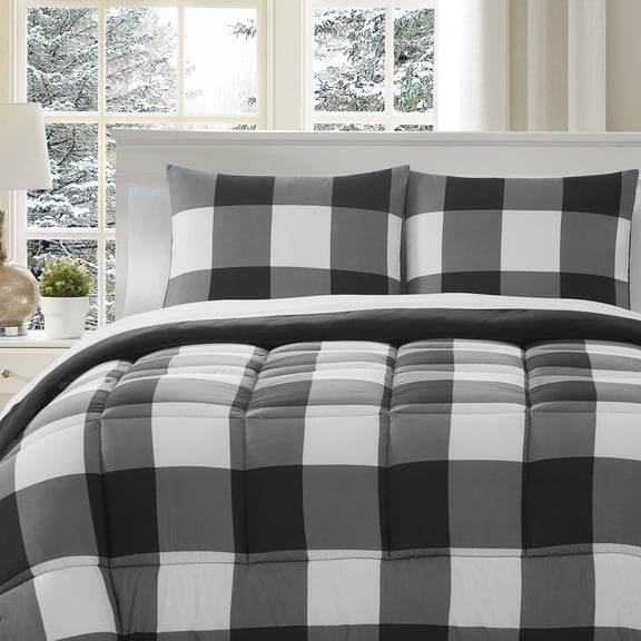 7 Piece Buffalo Plaid Bed in a Bag Comforter and Solid White Sheet Set - Full - Black/White