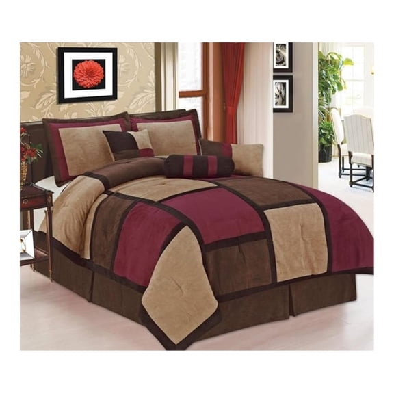 7-Piece Burgundy Brown Beige Micro Suede Patchwork Comforter Set Machine Washable Full Size, Bed-in-a Bag