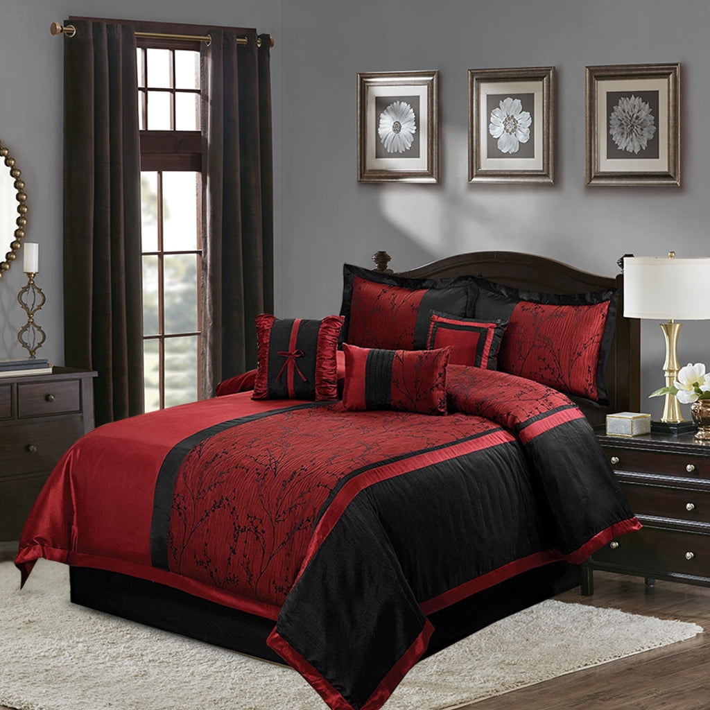 7-Piece Burgundy Jacquard Patchwork Comforter Set – Queen Size, All-Season Soft Microfiber Bedding with Comforter, Shams, Bed Skirt & Pillows
