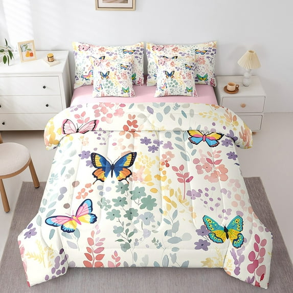 7 Piece Butterfly Full Bedding Set,Colorful Floral Butterfly Bed in a Bag with Sheets,Watercolor Flower Comforter Set Wildflower Bed Set with Fitted+Flat Sheet+Pillowcases