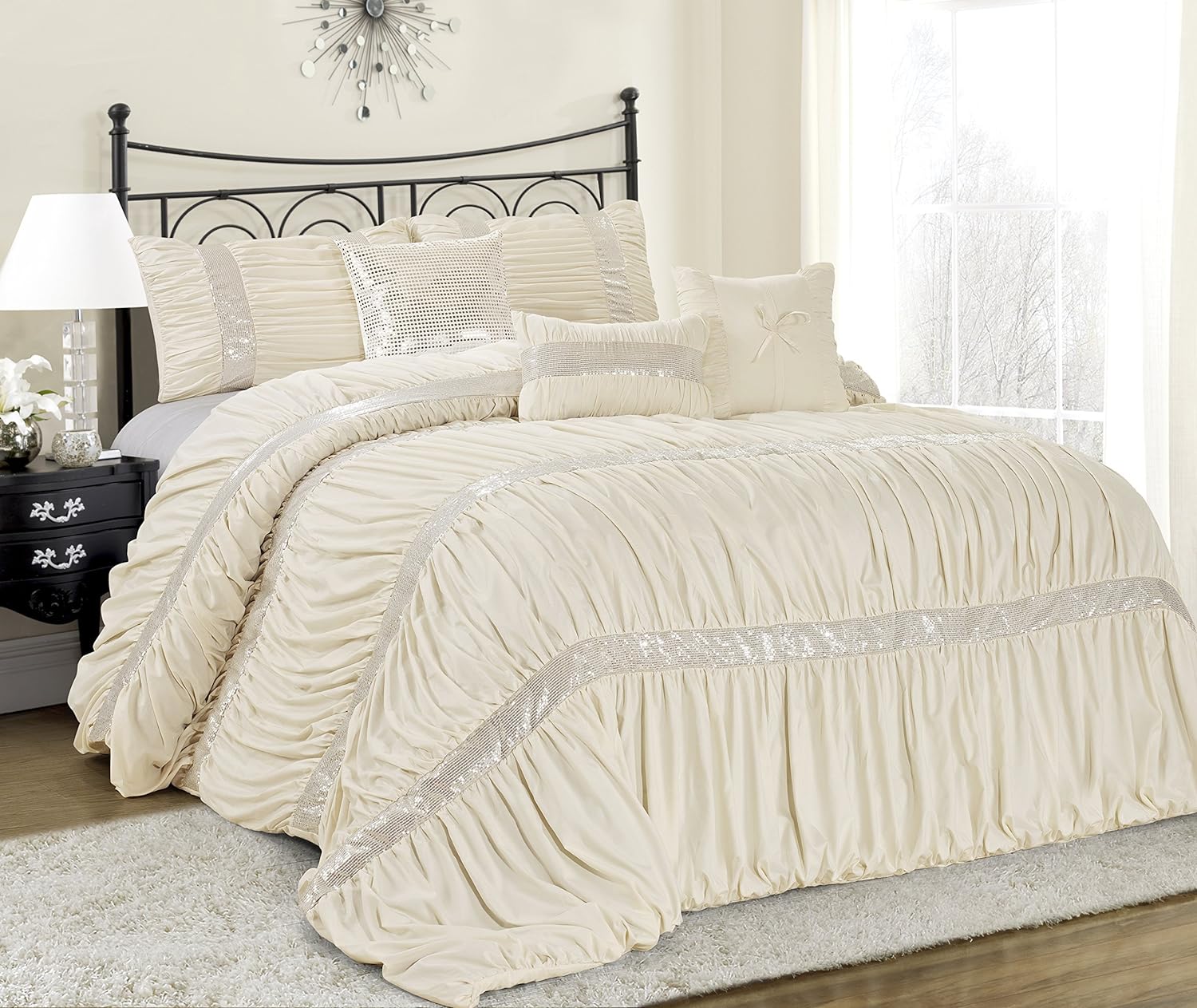 7 Piece CLARAITA Ruched Pleated Comforter SetQueen King Cal.King Size