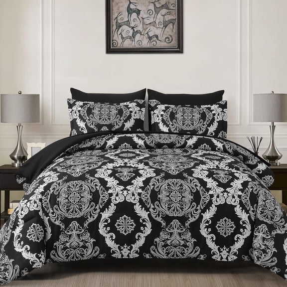 7-Piece California King Black Gold Damask Microfiber Comforter Set, All Season Bed in a Bag with Sheets & Pillowcases