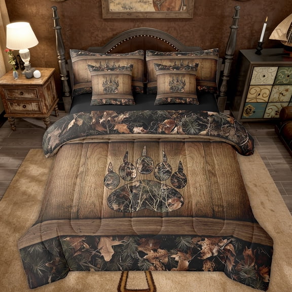 Erosebridal 7 Piece Camo Bear Paw Bed In A Bag Hunting Woodland Wildlife Bedding Set King,Camouflage Rustic Cabin Comforter Set Farmhouse Woodland Board Animal Sheet Set With Comforter