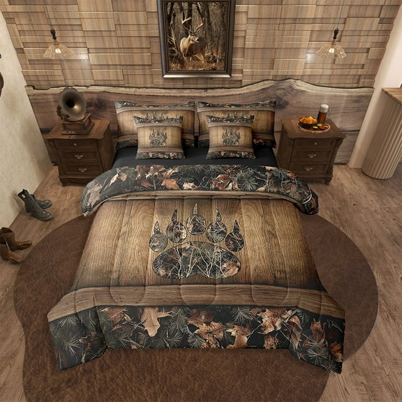 Erosebridal 7 Piece Camo Bear Paw Bed In A Bag Hunting Woodland Wildlife Bedding Set Twin,Camouflage Rustic Cabin Comforter Set Farmhouse Woodland Board Animal Sheet Set With Comforter