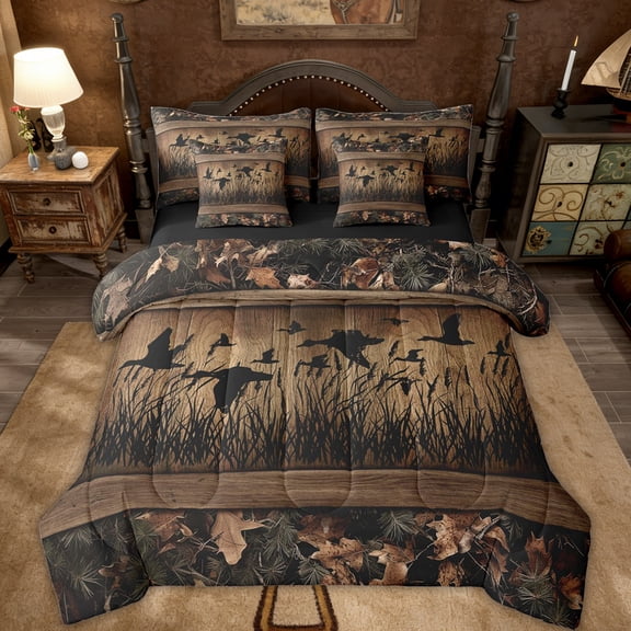 Erosebridal 7 Piece Camo Mallard Duck Comforter Set With Sheets Men Rustic Farmhouse Cabin Bed In A Bag Queen,Hunting Woodland Duck Bedding Set Country Wood Board Animal Bed Set