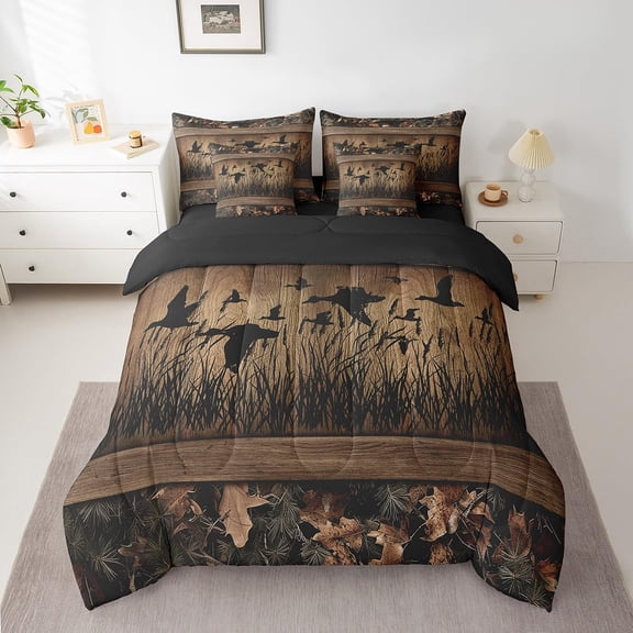 7 Piece Camo Mallard Duck Comforter Set with Sheets for Kids Boys Men Rustic Farmhouse Cabin Bed in A Bag Queen,Hunting Woodland Duck Bedding Set Country Wood Board Animal Bed Set