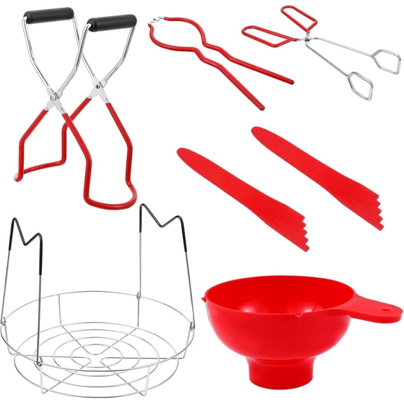7 Piece Canning Starter Kit for Beginners, Essential Canning Tools Set with Stainless Steel Rack, Wide Mouth Funnel, Jar Lifter & More (Red, Silver & Black)