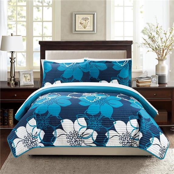 7 Piece Capiz Bed Bag Abstract Large Scale Floral Printed Quilt Set, Blue