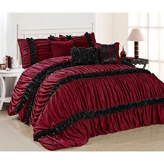 7 Piece Caralina Chic Ruched Pleated Ruffled Clearance bedding Comforter Set Fade Resistant, Wrinkle Free, No Ironing Necessary, Super Soft, All Sizes Burgundy Queen size