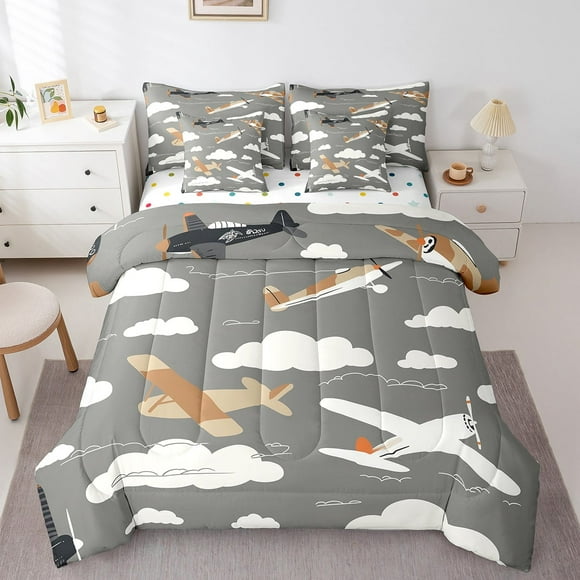 7 Piece Cartoon Airplane Comforter Set Twin,Aircraft Bedding Set With Sheets Sky Clouds Bed In A Bag,Reversible Colorful Dots Bed Set With Comforter,Pillow Covers