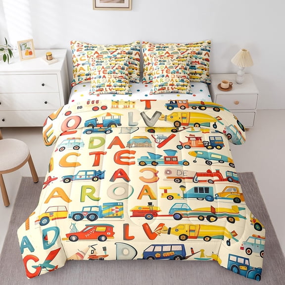 7 Piece Cartoon Car Bed in a Bag Construction Truck Bedding Sets Excavator Tractor Comforter Set with Sheets Engineering Vehicle Decor Bed Set Equipment Trucks Sheets Twin