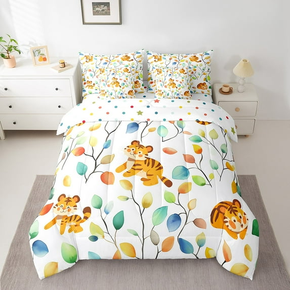 7-Piece Cartoon Tiger Bedding Comforter Sets Watercolor Floral Bed in a Bag, Botanical Plants Queen Bedding Sets Jungle Animal Comforter Set, Tropical Leaves Bedding Sets & Collections