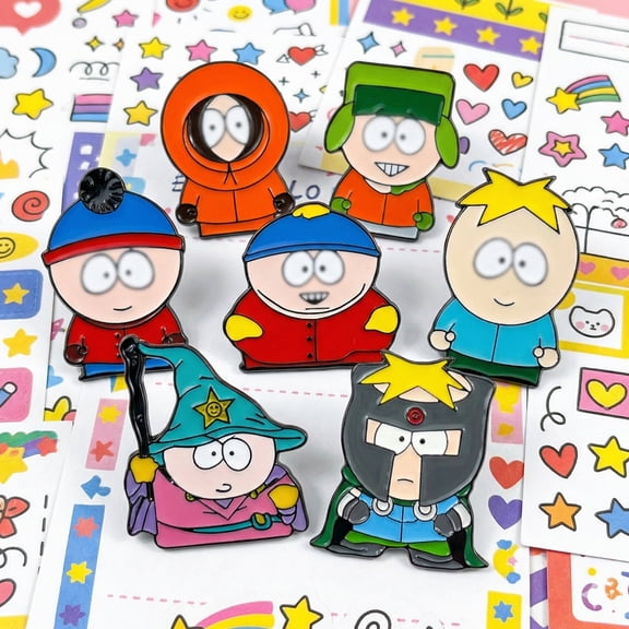 7-Piece Cartoon Town Character Enamel Pin Set - Satirical Style Collectible Badges for Jackets & Collections