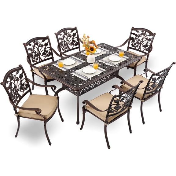 7-Piece Cast Aluminum Outdoor Dining Set, Copper Red Patio Furniture for 6 Includes 60" Rectangular Dining Table and Unique Strawberry & Leaf 6 Stackable Chairs with Cushions & Umbrella Hole