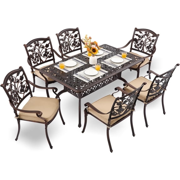 7-Piece Cast Aluminum Outdoor Dining Set, Copper Red Patio Furniture for 6 Includes 60" Rectangular Dining Table and Unique Strawberry & Leaf 6 Stackable Chairs with Cushions & Umbrella Hole