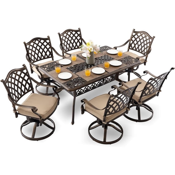 7-Piece Cast Aluminum Outdoor Table and Chairs, Antique Bronze Patio Dining Set for 6 Include 60" Rectangular Outdoor Dining Table and 6 Swivel Chairs with Removable Cushion and Umbrella Hole