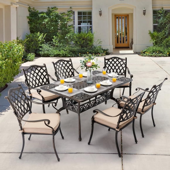 7-Piece Cast Aluminum Outdoor Table and Chairs, Antique Bronze Patio Dining Sets Include 60" Large Patio Dining Table and 6 Chairs with Removable Cushion