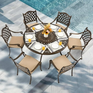 7-Piece Cast Aluminum Outdoor Table and Chairs, Classic Vintage Patio Dining Set for 6 Include 54.5" Round Dining Table and 6 Chairs with Removable Cushion and Umbrella Hole