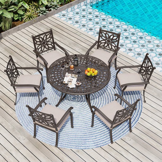 7Piece Cast Aluminum Patio Dining Set with Round Dining Table & 6 Cast