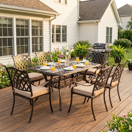 AIWOEN 7-Piece Cast Aluminum Patio Furniture, Patio Dining Set for 6 Include 59" Rectangular Outdoor Dining Table and 6 Stackable Chairs with Cushions & Umbrella Hole (Bronze)