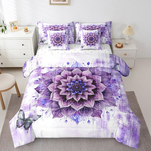 7-Piece Chic Floral Bedding Queen Size Women Mandala Flower Comforter Set,Purple Ombre Bedding Comforter Sets Gradient Oil Painting Bed in a Bag,Vintage Watercolor Bedding