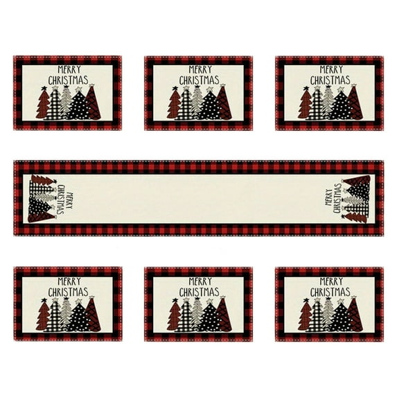 7-Piece Christmas Table Runner and Placemat Set – 72in Table Flag + 6 Placemats, Holiday Dining Table Decorations for Home or Restaurant