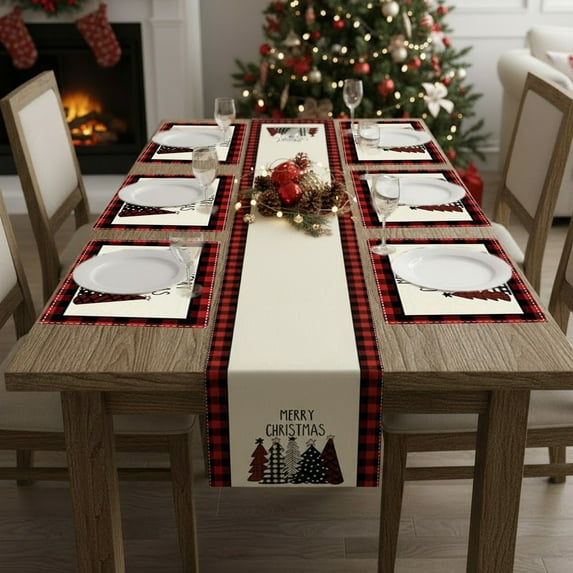7-Piece Christmas Table Set Red White Snowflake Tablecloth Placemats Holiday Dining Decor Deer Pattern Festive Kitchen Table Cover Complete Dining Set