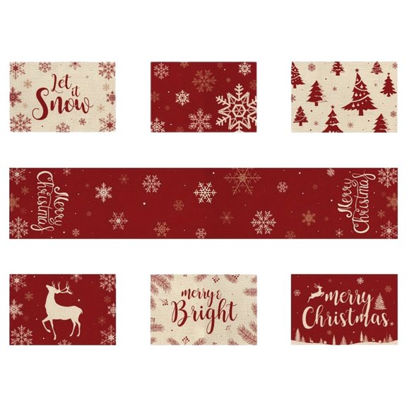 7-Piece Christmas Tablecloth Set with Red and White Snowflake Deer Patterns, Complete Dining Table Decor with Place Mats and Table Runner, Perfect for Family Restaurant Holiday Ambiance Creation