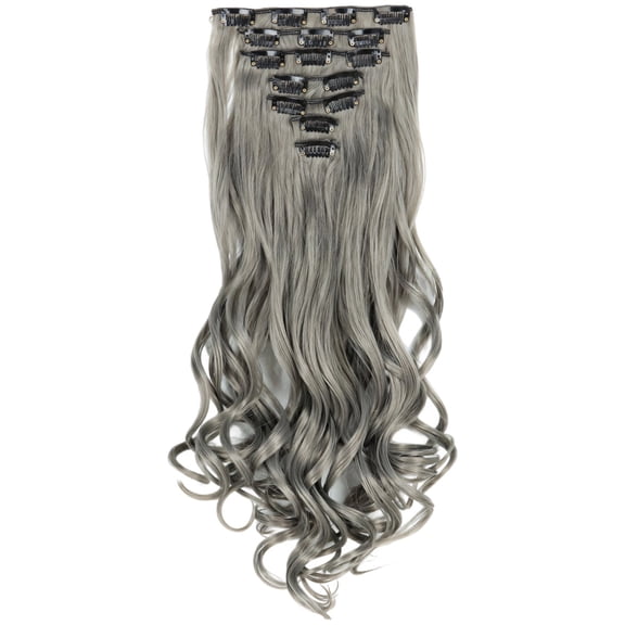 7-Piece Clip-in Hair Extensions, 22" Gray-White Curly Synthetic Fiber Deep Wave Hair, Multi-Clip Design, Versatile Shades, Ideal for Any Occasion