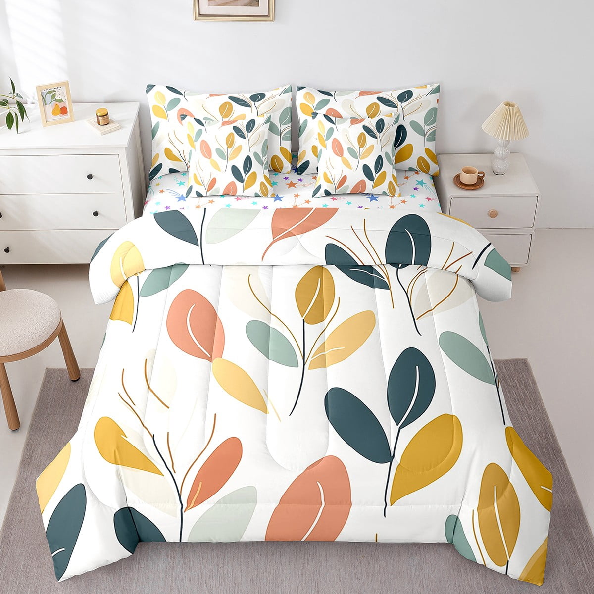 7 Piece Colorful Leaf full Size Comforter Set,Watercolor Leaves Plant ...